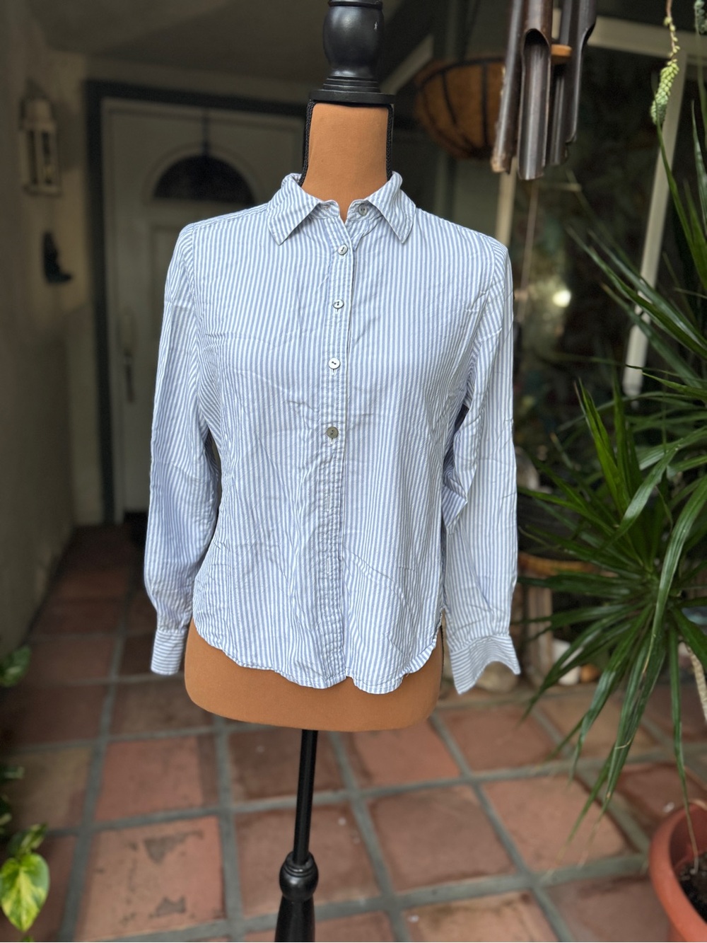 Valerie Stevens Silk Light Blue and White Striped Button-Down Shirt